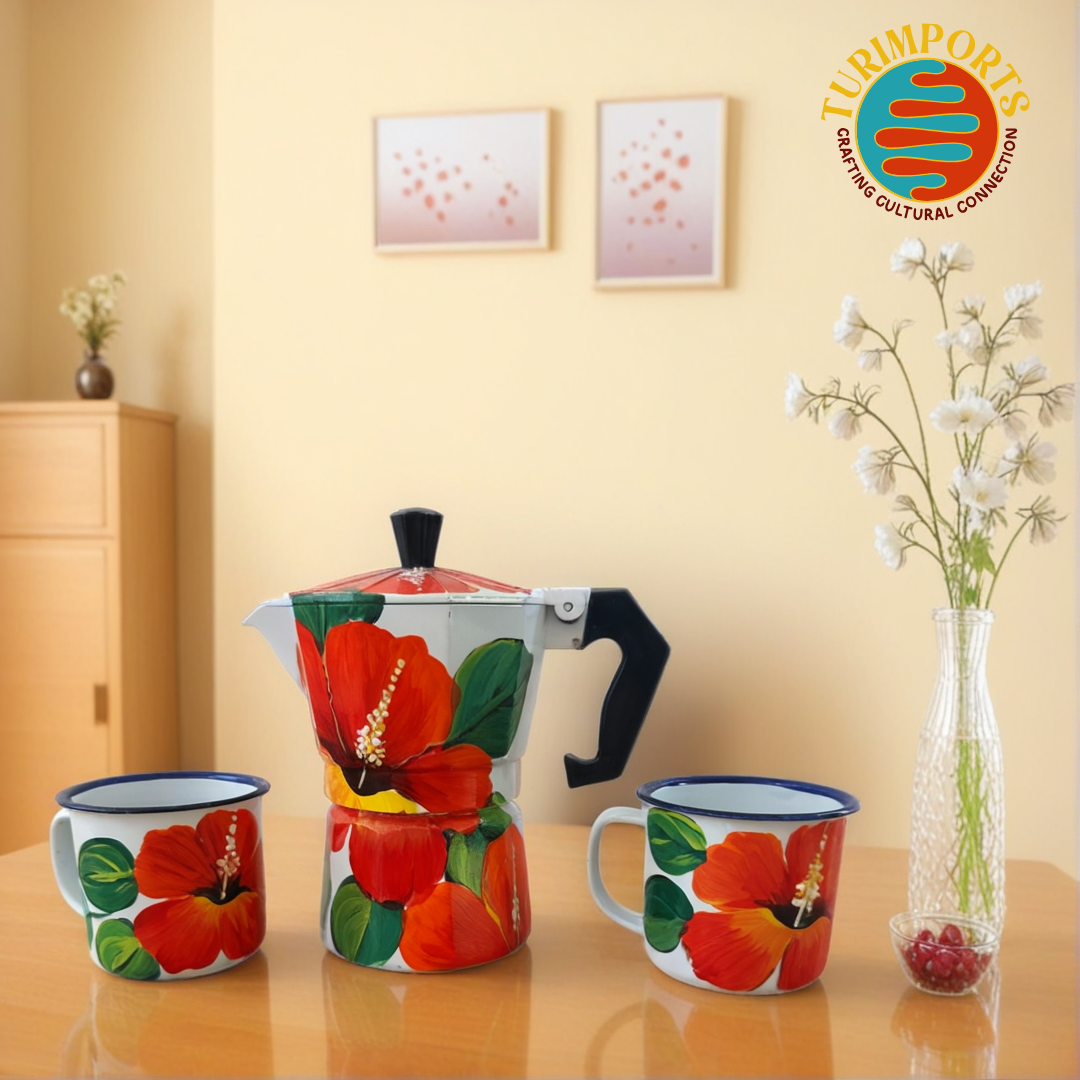 Hand-Painted Hibiscus Coffee Set – Artisan Dominican Craft